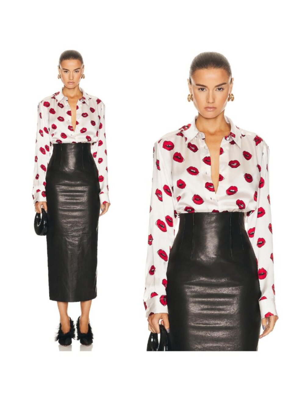 KHAITE The Argo Lip-Print Silk Blouse Shirt in Cream & Red Size 0